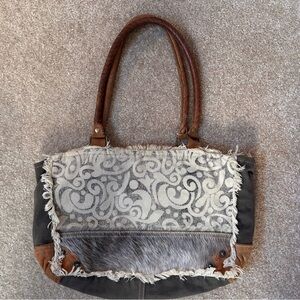 Myra Bag Canvas Leather Cowhide Tote Handbag Purse